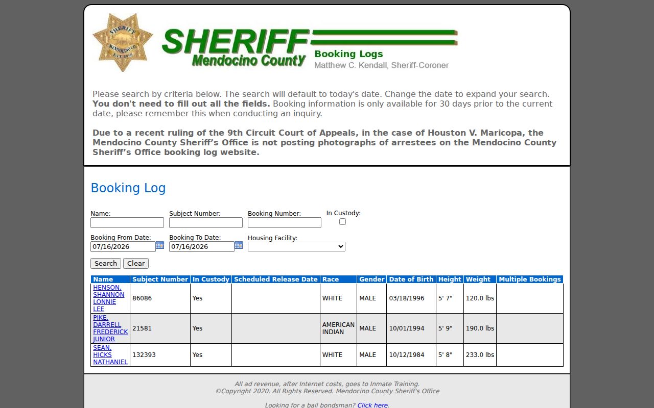 Mendocino County arrest records jail inmate inquiry