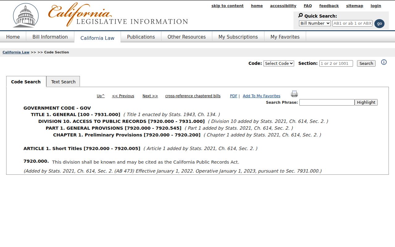 California Public Records Act official code page relevant to Mendocino County records