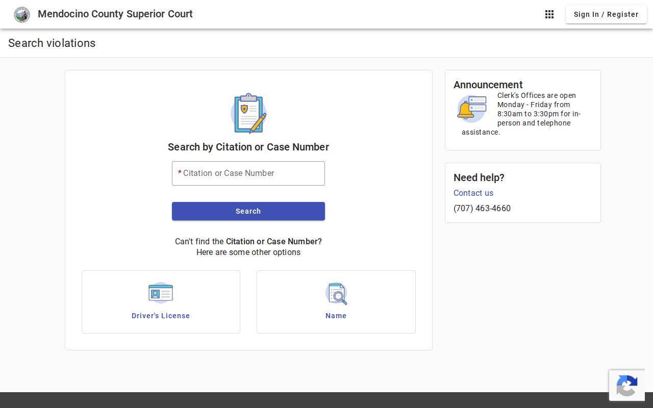Mendocino Superior Court Municipal Online Payments search fields