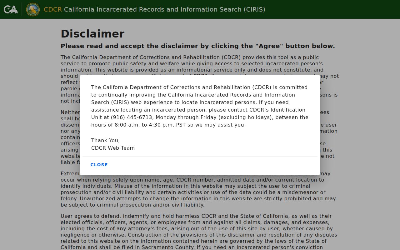 Mendocino County criminal history CDCR CIRIS locator