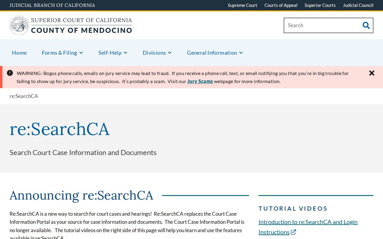 Mendocino County criminal history re SearchCA court access