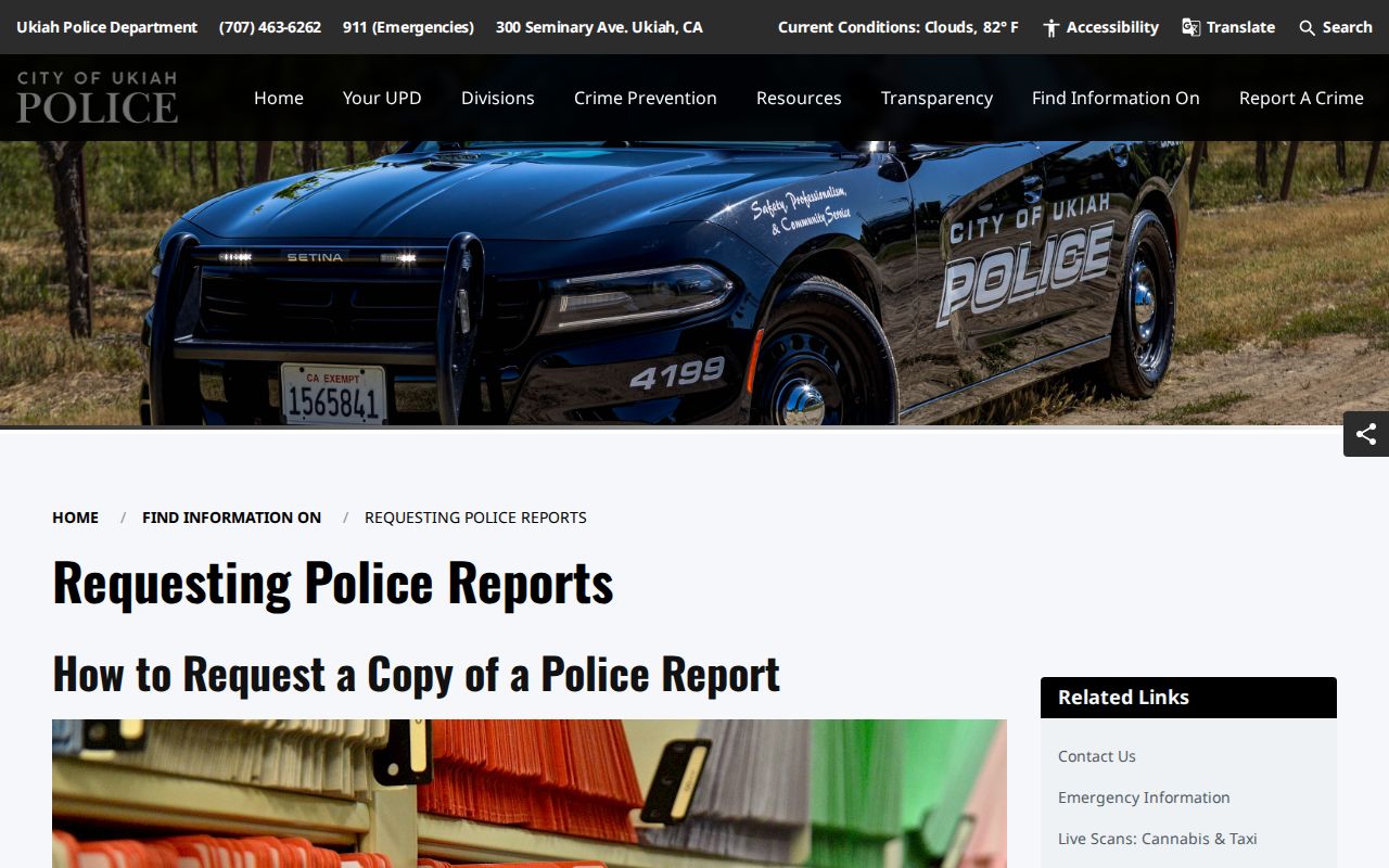 Ukiah criminal history police report request page