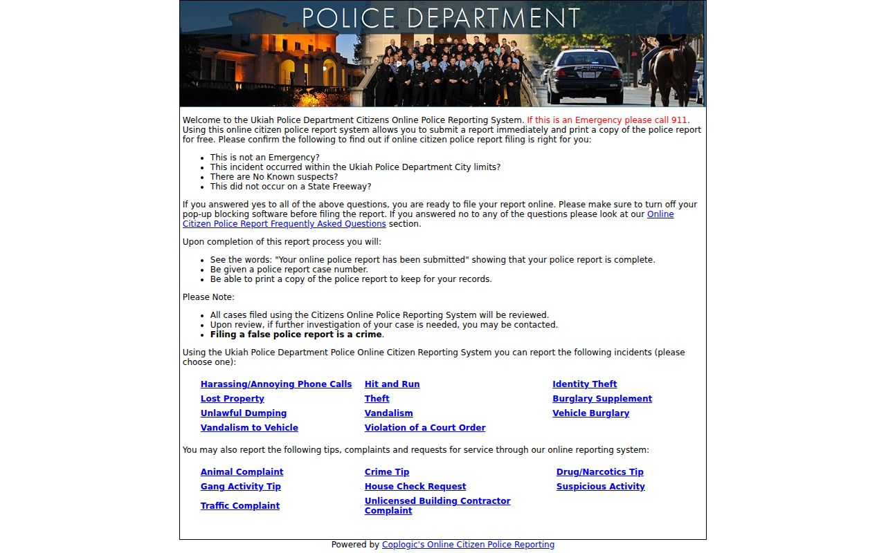 Ukiah criminal history Coplogic online reporting portal